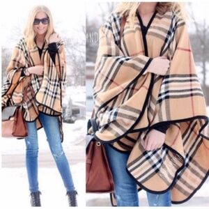 Plaid Poncho/Wrap Burburry Style Camel black and red Black pipping Lord & Taylor